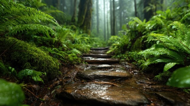 A tranquil stone pathway meanders through a verdant forest, showcasing vibrant ferns and lush greenery in a misty, peaceful environment that invites exploration and reflection.