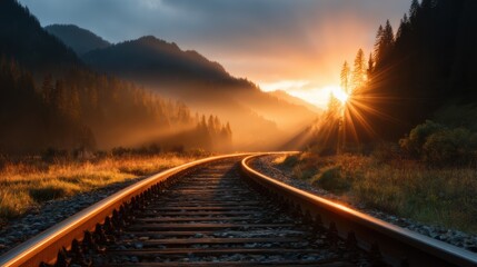 Fototapeta premium A breathtaking sunset unfolds over curving railway tracks, with golden rays of sunlight casting a magical glow on the tranquil landscape of mountains and trees in the distance.