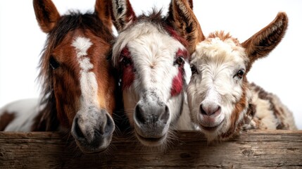 A heartwarming image of three friendly horses and a donkey huddled together shows the beauty of companionship among animals in a rustic barn setting.