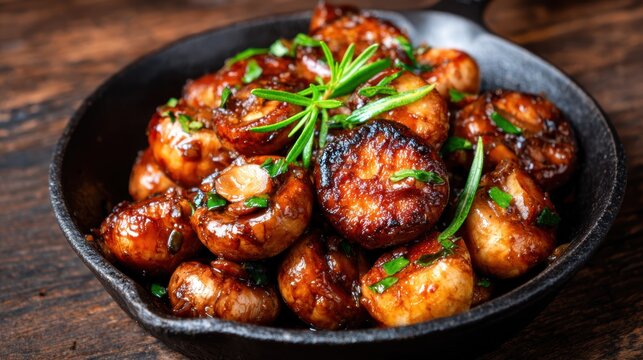 A mouthwatering view of sautéed mushrooms garnished with herbs in a rustic cast iron skillet, inviting viewers to relish the delightful flavors and culinary artistry.