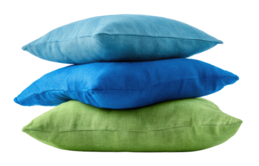 Three stacked, colorful throw pillows