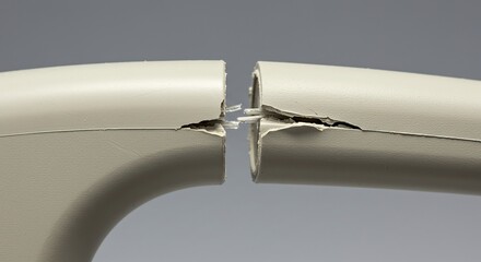 Broken plastic parts close up against grey background