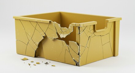 Broken plastic container against a white background showing cracks and damage