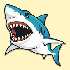 Aggressive Great White Shark Cartoon Style with Open Mouth and Sharp Teeth Illustration
