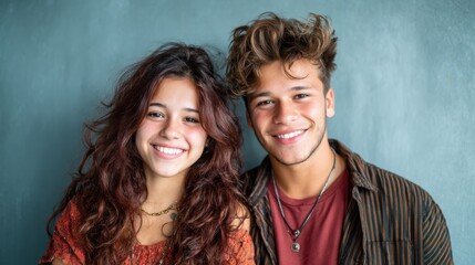 A vibrant portrait showcasing two young friends beaming with joy against a textured background, capturing the essence of youthful happiness and friendship.