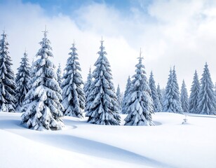 Obraz premium A serene snow-covered landscape. Evergreen trees laden with white flakes stand against a soft, cloudy sky. The scene evokes a feeling of winter tranquility
