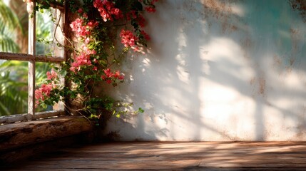 An inviting image of a rustic window frame adorned with blooming flowers, inviting soft natural light into the space, creating a warm and welcoming atmosphere perfect for relaxation.