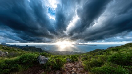 A dramatic panorama showcasing a coastline under tumultuous clouds and rays of sunlight breaking through, blending the power of nature with breathtaking beauty.