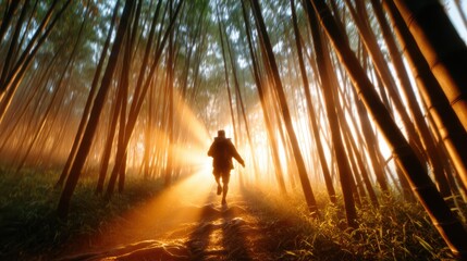 A silhouette of a person running through a breathtaking bamboo forest at dusk, illuminated by golden sunlight streaming through the trees, conveying adventure and freedom.