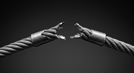 Broken steel cable isolated on dark background illustrating failure and tension