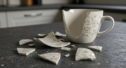 Broken teacup on a countertop showing fragments of porcelain and floral design