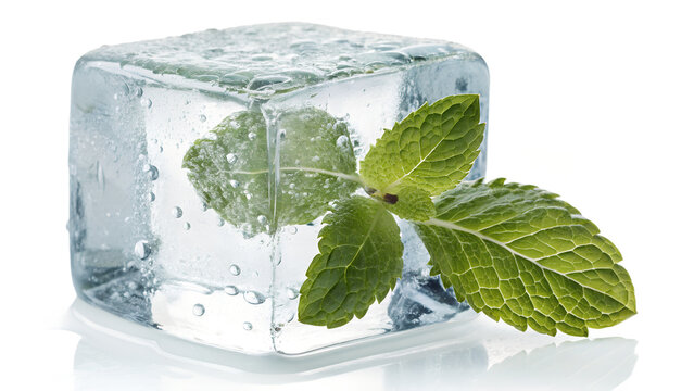 Single transparent ice cube with a mint leaf frozen inside, isolated on transparent background, crystal-clear refraction and cold realism.