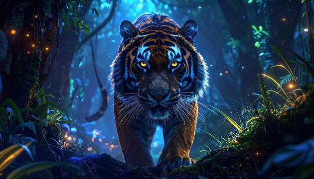 A striking tiger strides toward the viewer through a lush, illuminated forest. Glowing embers and dappled light enhance the dramatic scene