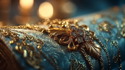 Elegant ornamentation with golden leaf details and jewels on a blue surface - Powered by Adobe