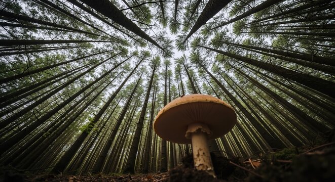 Low-angle view of mushroom on forest floor looking up at tall pine trees. Worm's-eye perspective of wild fungus in dense woodland