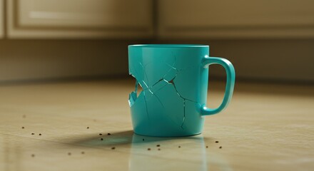 Broken teal coffee mug on wooden floor with shattered section