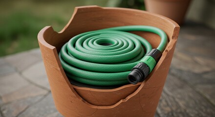 Broken terracotta pot holding coiled green garden hose against blurred backdrop