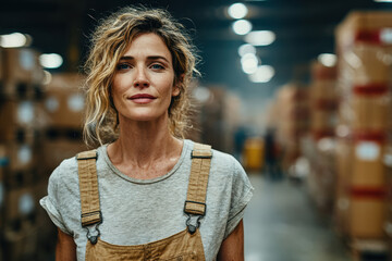 Confident woman in workwear standing in warehouse with boxes around