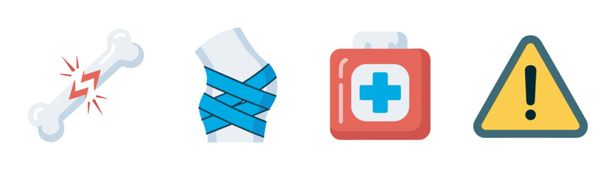 Obraz premium A set of four colorful medical icons depicting a broken bone with red pain lines, a bandaged elbow, a first aid kit, and a warning triangle with an exclamation mark.