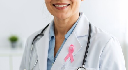 Smiling female doctor wears pink ribbon on her white lab coat. Breast cancer awareness month and healthcare support concept. Close-up with copy space for text