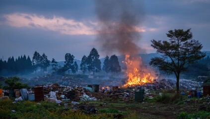 Landfill fire with bright orange and yellow flames consuming refuse and debris with thick gray smoke rising into sky near trees