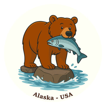 Alaska stamp illustration with bear holding a fish in mouth - Alaskan postage stamp vector design, sticker or print