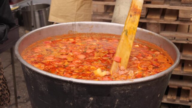 Bograch. Soup With Paprika, Meat, Bean, Vegetable, Dumpling.