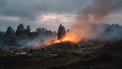 Landfill fire with bright orange and yellow flames consuming refuse and debris with thick gray smoke rising into sky near trees