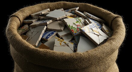 Broken tile fragments inside a burlap sack against a dark background
