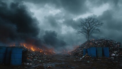 Flames engulf piles of garbage in a chaotic landfill waste dump scene