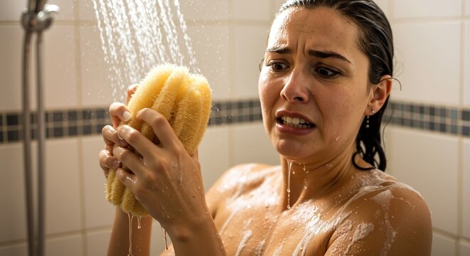 Shocked woman with fearful expression in shower. Unpleasant surprise with cold water while bathing. Bathroom hygiene problem or phobia concept