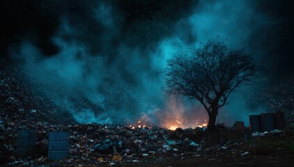 A destructive fire spreads across a large landfill waste dump, consuming heaps of garbage and polluting the surrounding environment