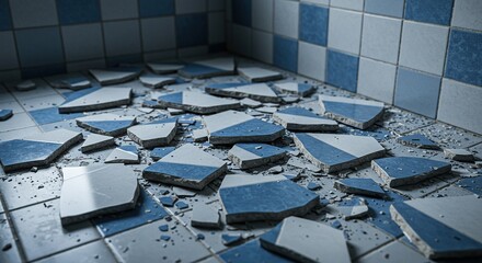 Broken tiles on floor in a room with blue and white checkered pattern