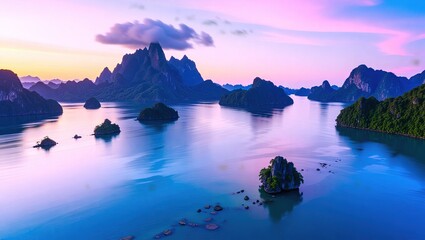 Stunning Limestone Karsts and Turquoise Waters at Sunrise in Ha Long Bay.