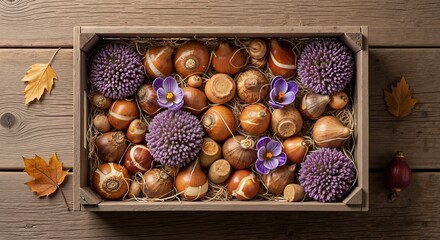 Variety of flower bulbs in wooden crate for autumn planting. Purple allium and crocus flowers on rustic wooden background. Top view flat lay