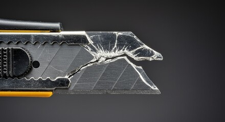 Broken utility knife blade close up on dark background for design