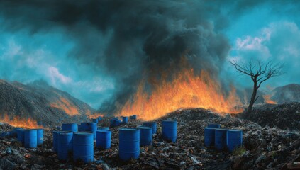 A blazing fire breaks out at a landfill waste dump, threatening nearby areas