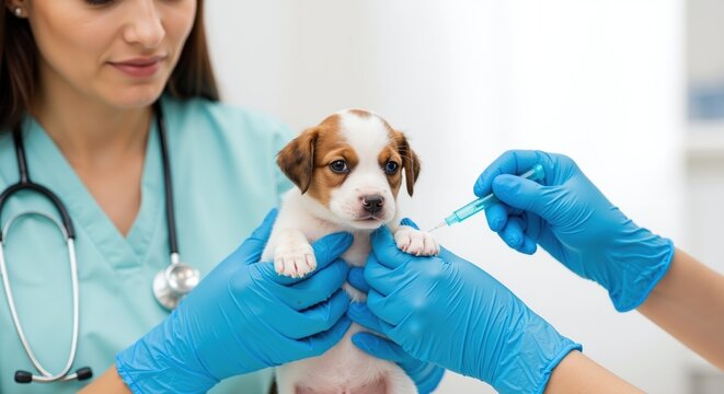 Veterinarian gives vaccination injection to small puppy in vet clinic. Professional pet care and animal healthcare concept - Powered by Adobe