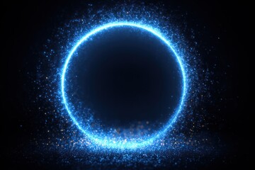 Fototapeta premium Bright Electric Blue Neon Circular Frame Of Light And Particles With Cosmic Glow, Offering Ample Copyspace For Banners And Headers, Ideal For Technology, Science