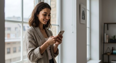 Smiling young woman using smartphone while standing by window at home. Happy professional browsing social media or texting on her mobile phone. Modern technology and communication concept