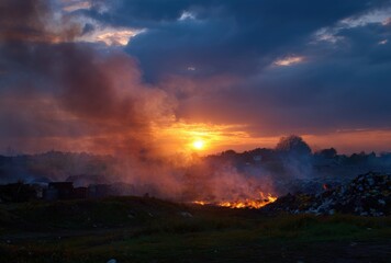 Thick smoke and flames rising from a fire at a sprawling landfill waste dump at sunset