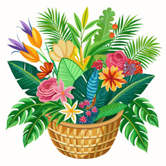 Vibrant tropical floral arrangement featuring exotic blossoms and lush greenery presented in a natural woven rattan basket isolated on a clean white background for versatile design applications