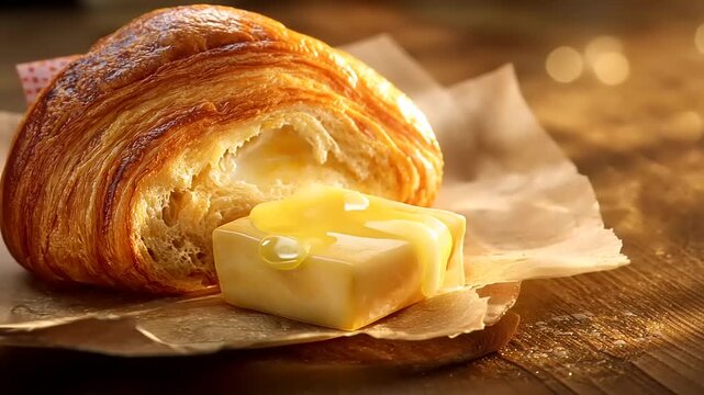 Golden perfection croissant with melted butter on rustic wooden breakfast setup