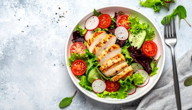 A refreshing and vibrant salad features sliced grilled chicken, juicy tomatoes, crisp radishes, and fresh greens, artfully arranged on a white plate with a fork