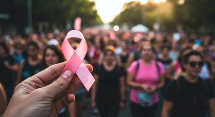 Hand holding pink ribbon at breast cancer awareness charity walk. Crowd of people marching in support of survivors. Hope and community concept