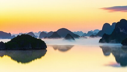 Fototapeta premium Stunning Sunrise over Misty Karst Mountains Reflected in Calm Water.