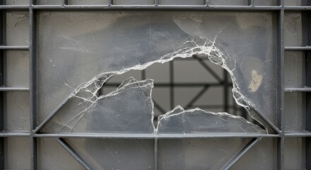 Broken window pane framed in dark gray abstract damage concept