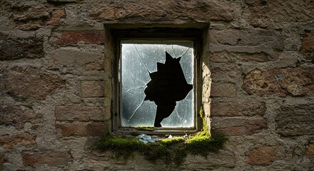 Broken window in brick wall with natural lighting and moss