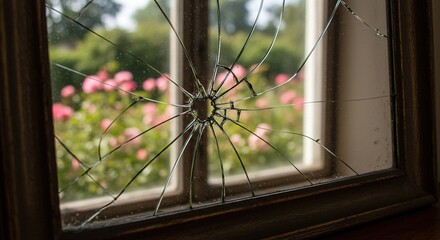 Broken window with cracks and blurred green background