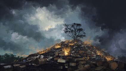 Fire rages through a landfill waste dump, with burning waste releasing hazardous fumes and creating a dramatic scene of environmental disaster